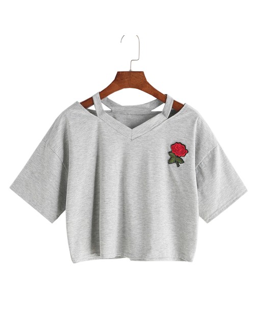 Rose Embroidered Top // Grey