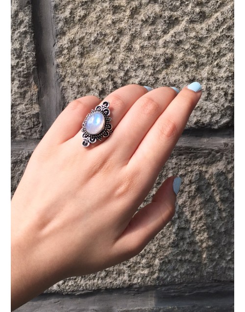 Aura Sterling Silver Ring// Rainbow Moon Stone 